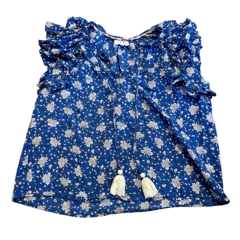 THML Women's Floral Print Flutter Sleeve Lightweight Blouse Royal Blue Small